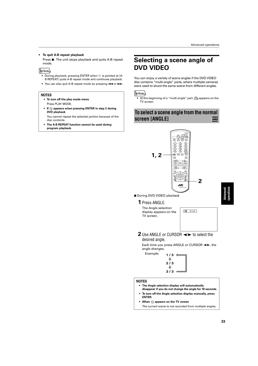 JVC XV-M52SL To select a scene angle from the normal screen Angle, Press Angle, To quit A-B repeat playback, Example 1 