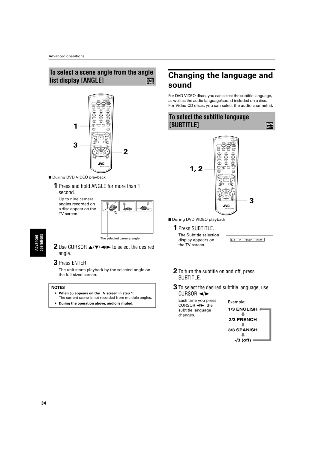 JVC XV-M50BK, XV-M52SL manual Changing the language and sound, To select a scene angle from the angle list display Angle 