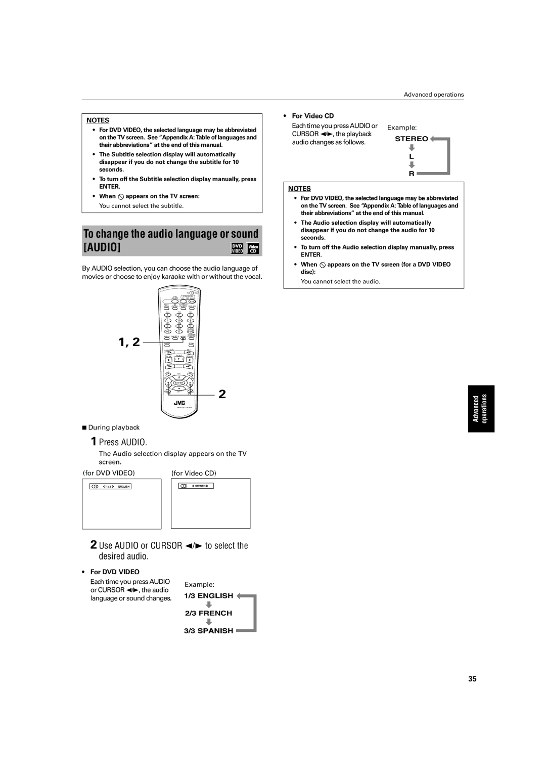 JVC XV-M52SL To change the audio language or sound Audio, Press Audio, Use Audio or Cursor 2/3 to select the desired audio 