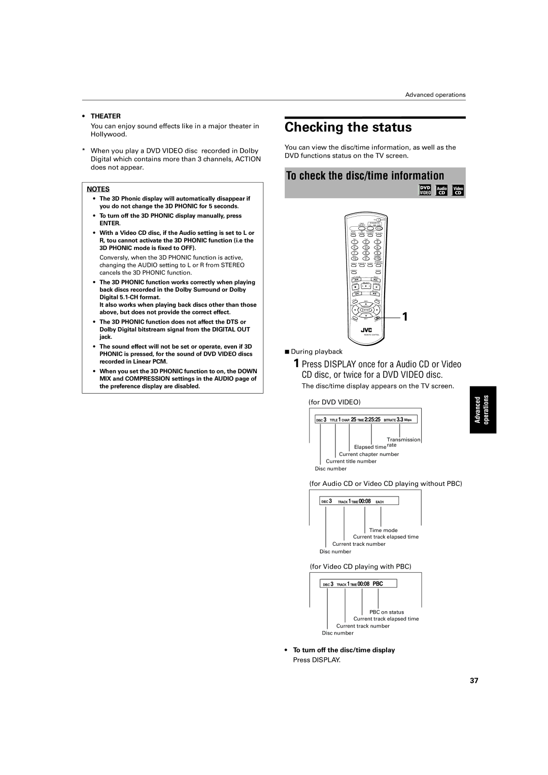 JVC XV-M52SL manual Checking the status, To check the disc/time information, For Audio CD or Video CD playing without PBC 