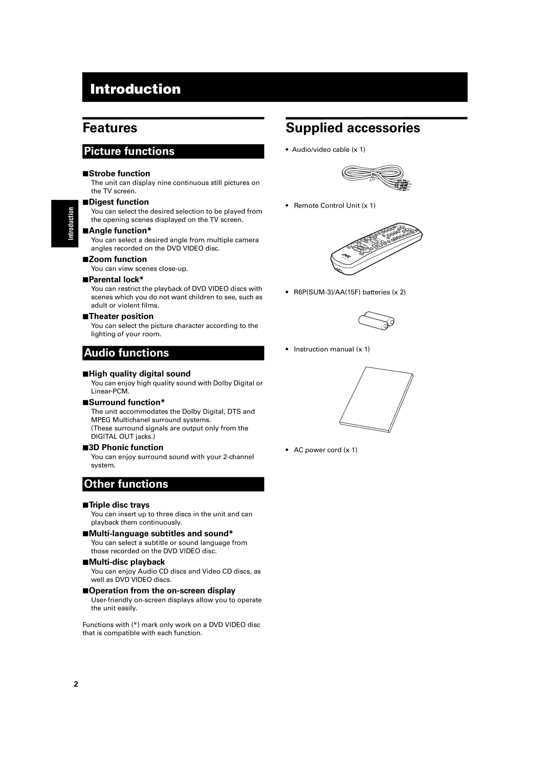 JVC XV-M50BK, XV-M52SL manual Introduction, Features, Supplied accessories 