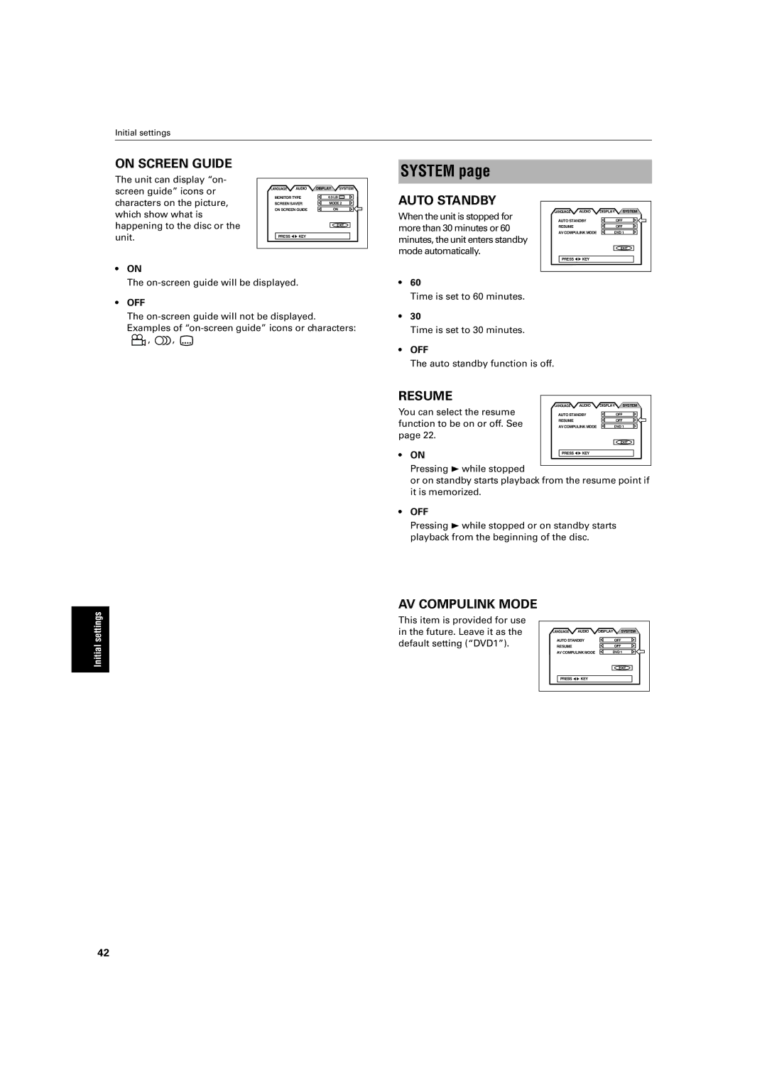 JVC XV-M50BK, XV-M52SL manual System, You can select the resume, Function to be on or off. See, Default setting DVD1 