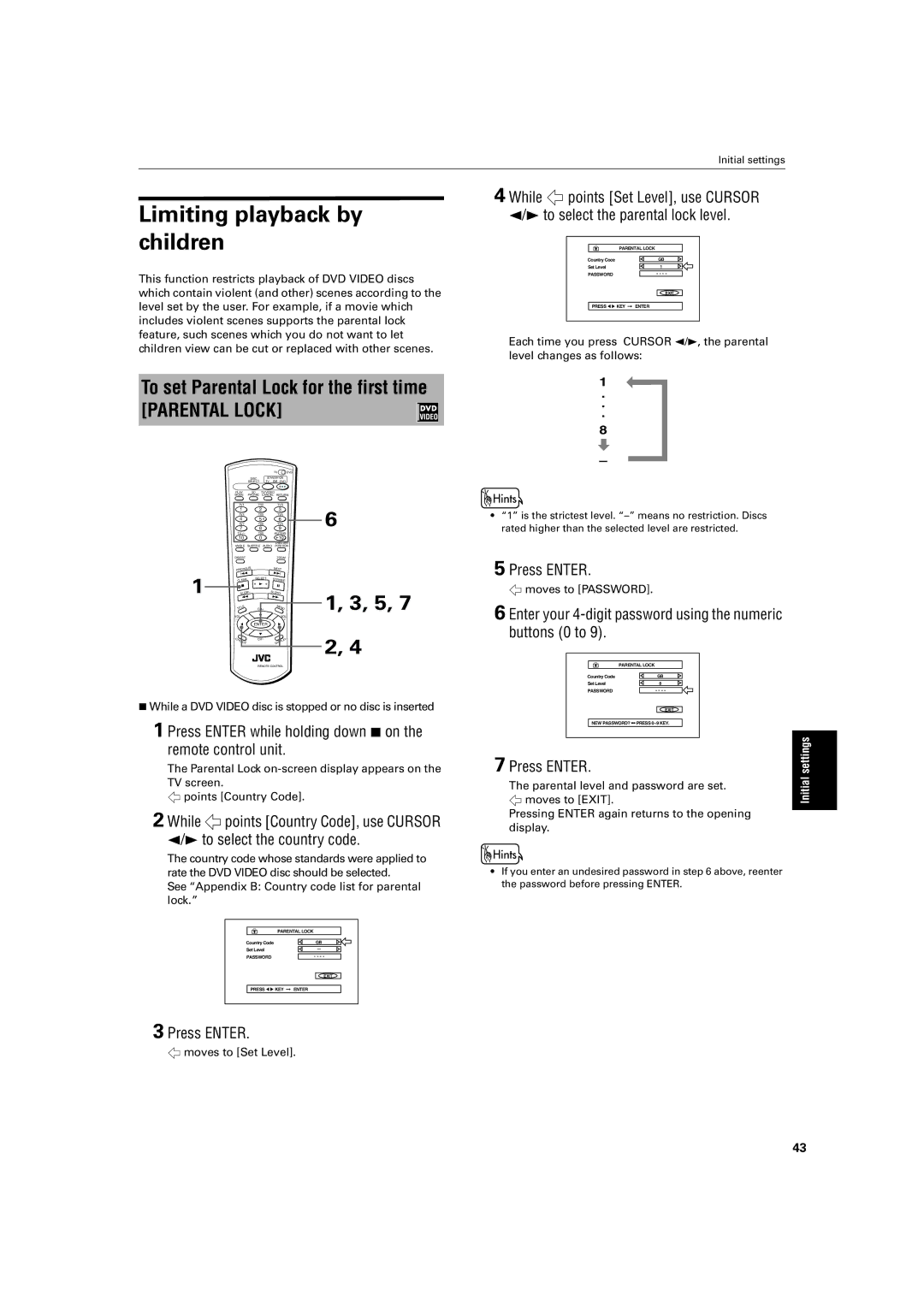 JVC XV-M52SL, XV-M50BK manual Limiting playback by children, To set Parental Lock for the first time, Moves to Exit 