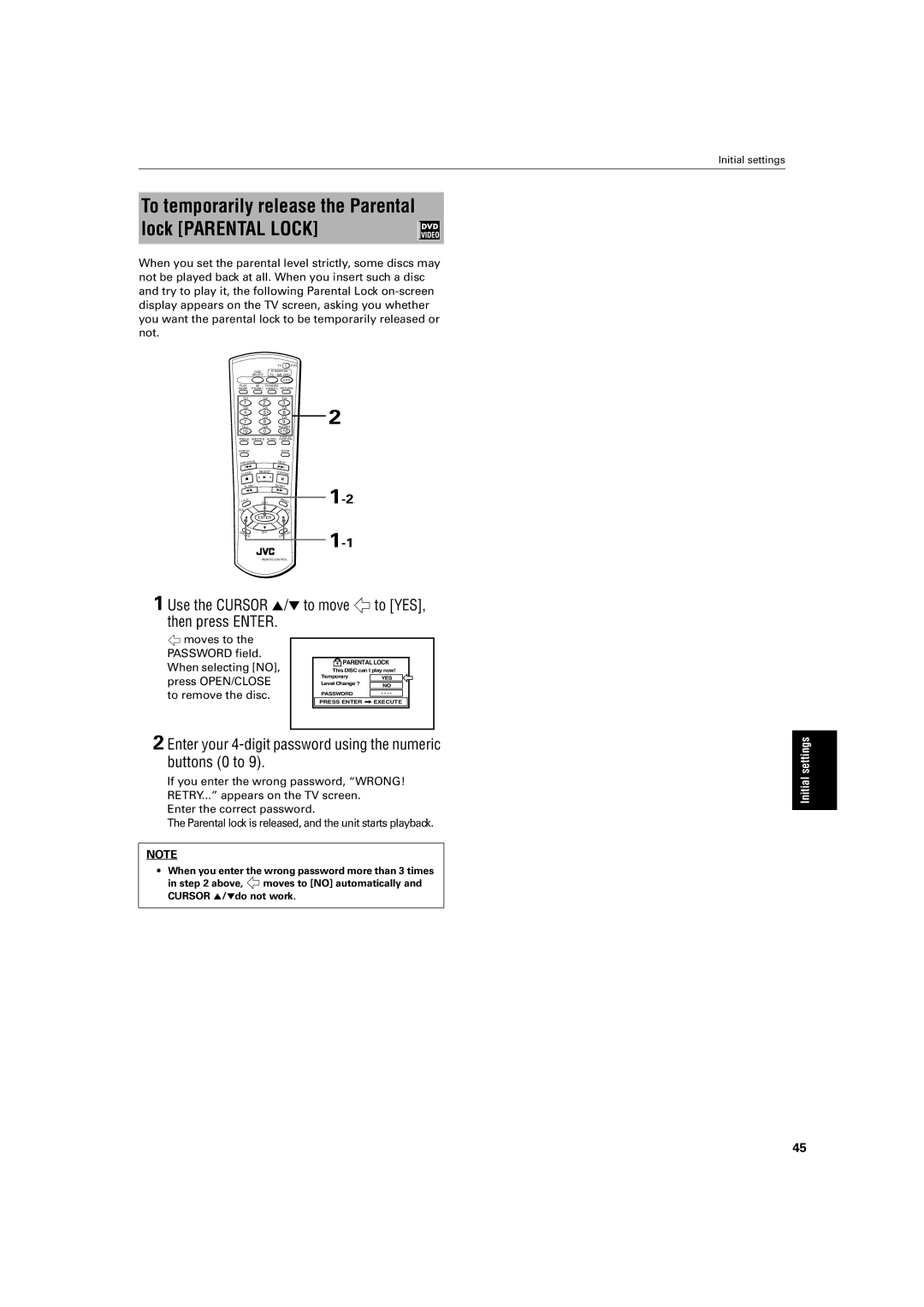 JVC XV-M52SL, XV-M50BK manual Use the Cursor 5/∞ to move to YES, then press Enter, Moves to Password field When selecting no 