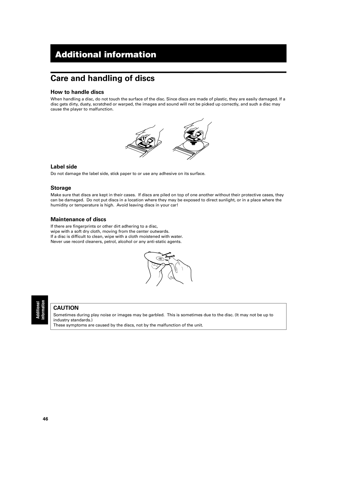 JVC XV-M50BK, XV-M52SL manual Additional information, Care and handling of discs 