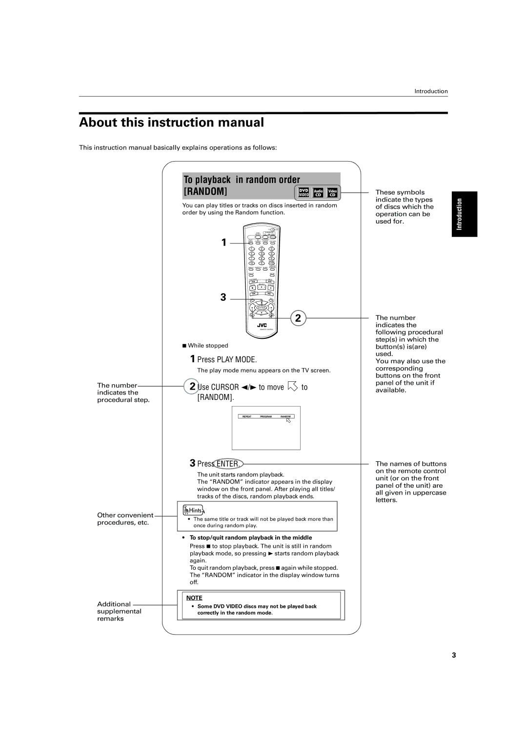 JVC XV-M52SL, XV-M50BK manual To playback in random order Random, Number indicates the procedural step 