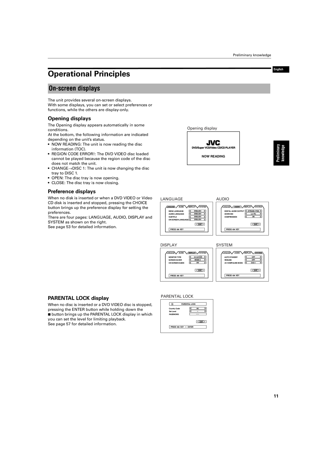 JVC XV-M512SL Operational Principles, On-screen displays, Opening displays, Preference displays, Parental Lock display 