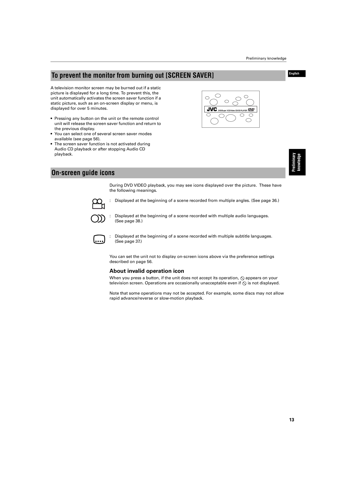 JVC XV-M512SL To prevent the monitor from burning out Screen Saver, On-screen guide icons, About invalid operation icon 