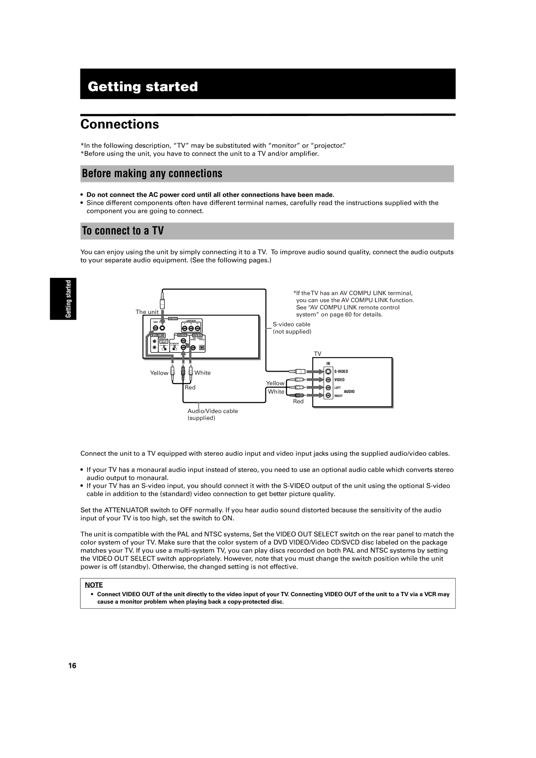 JVC XV-M512SL manual Getting started, Connections, Before making any connections, To connect to a TV 