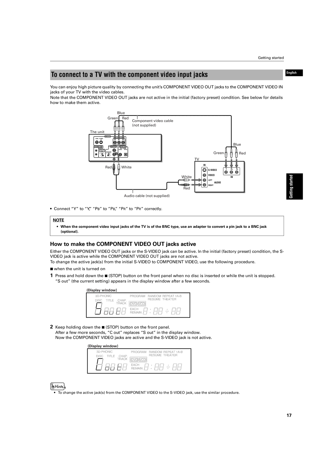 JVC XV-M512SL To connect to a TV with the component video input jacks, How to make the Component Video OUT jacks active 