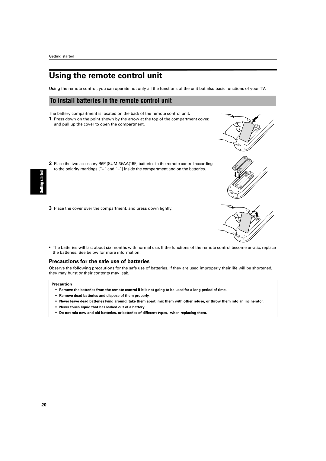 JVC XV-M512SL manual Using the remote control unit, To install batteries in the remote control unit, Precaution 