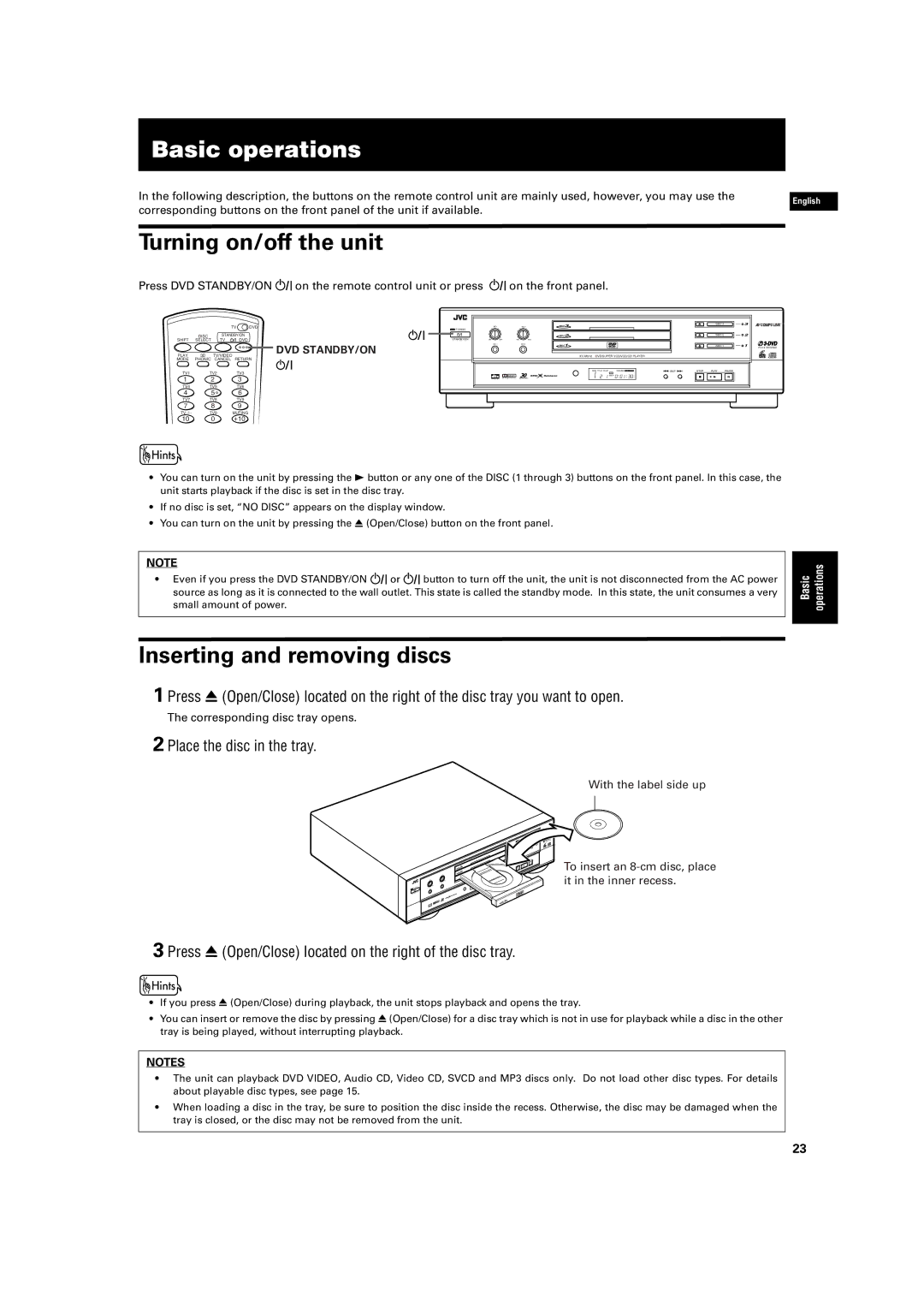 JVC XV-M512SL manual Basic operations, Turning on/off the unit, Inserting and removing discs, Place the disc in the tray 