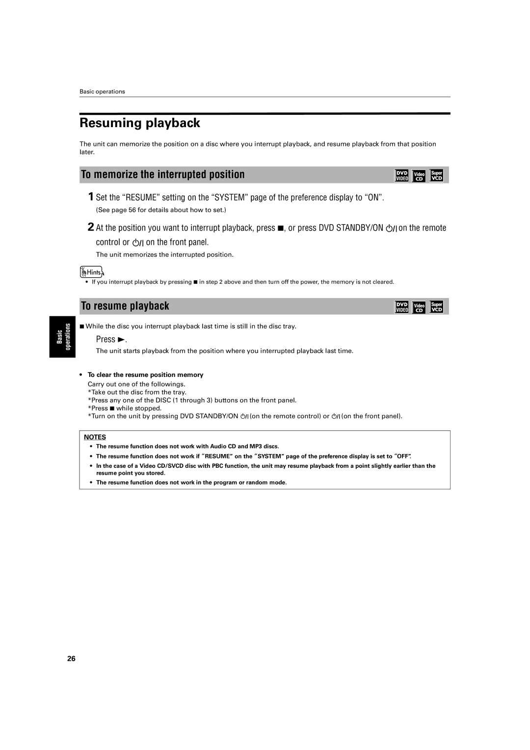 JVC XV-M512SL manual Resuming playback, To memorize the interrupted position, To resume playback 