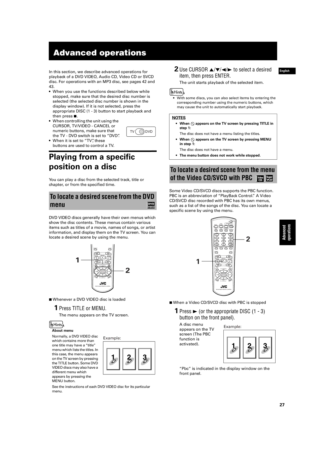 JVC XV-M512SL manual Advanced operations, To locate a desired scene from the DVD menu, Press Title or Menu 