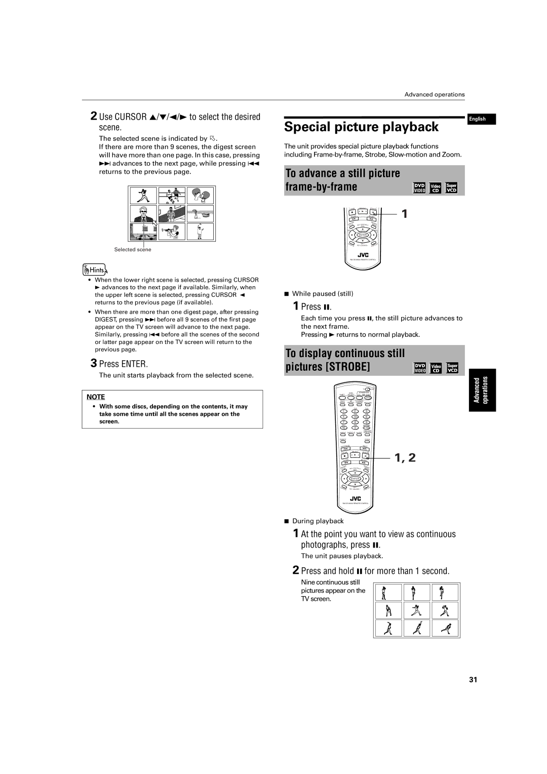 JVC XV-M512SL manual Special picture playback, Use Cursor 5/∞/2/3 to select the desired scene, Advanced Operations 