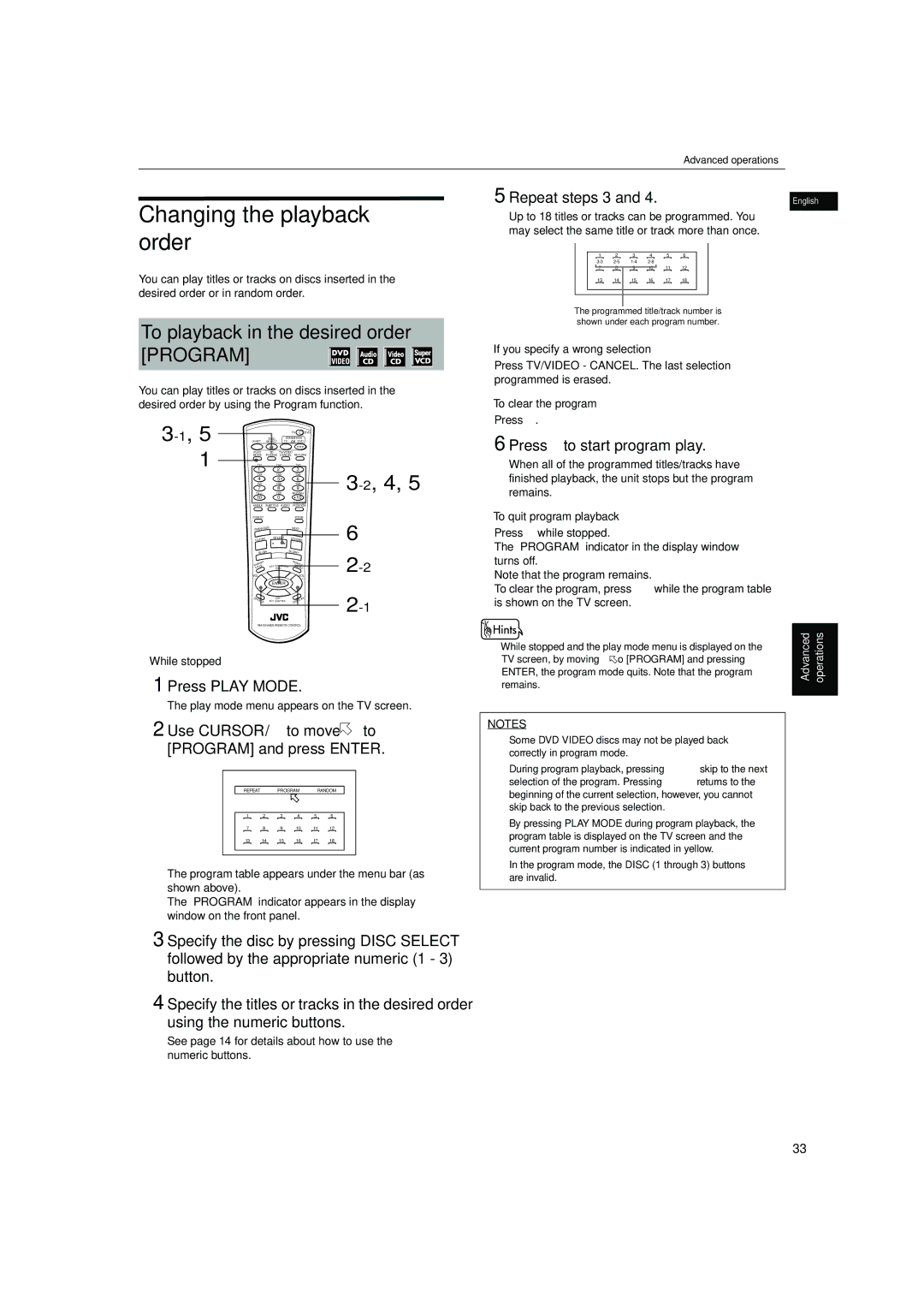 JVC XV-M512SL manual Changing the playback order, To playback in the desired order Program, Press 3 to start program play 