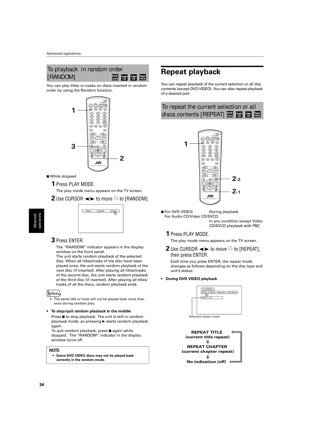 JVC XV-M512SL manual Repeat playback, To playback in random order Random, Use Cursor 2/3 to move to Random 