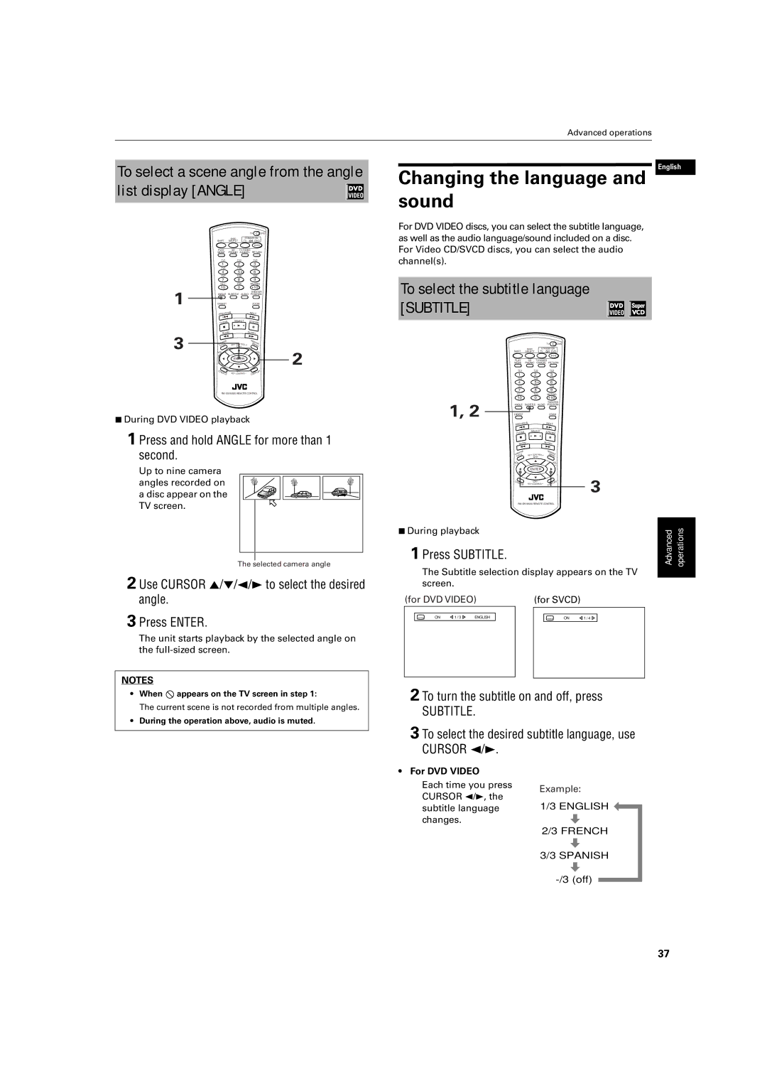 JVC XV-M512SL manual Changing the language and sound, To select a scene angle from the angle list display Angle 