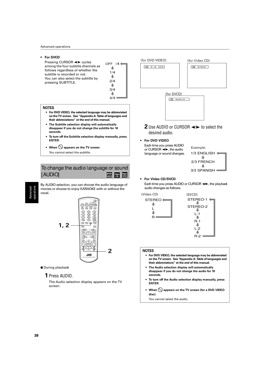 JVC XV-M512SL To change the audio language or sound Audio, Use Audio or Cursor 2/3 to select the desired audio, For Svcd 