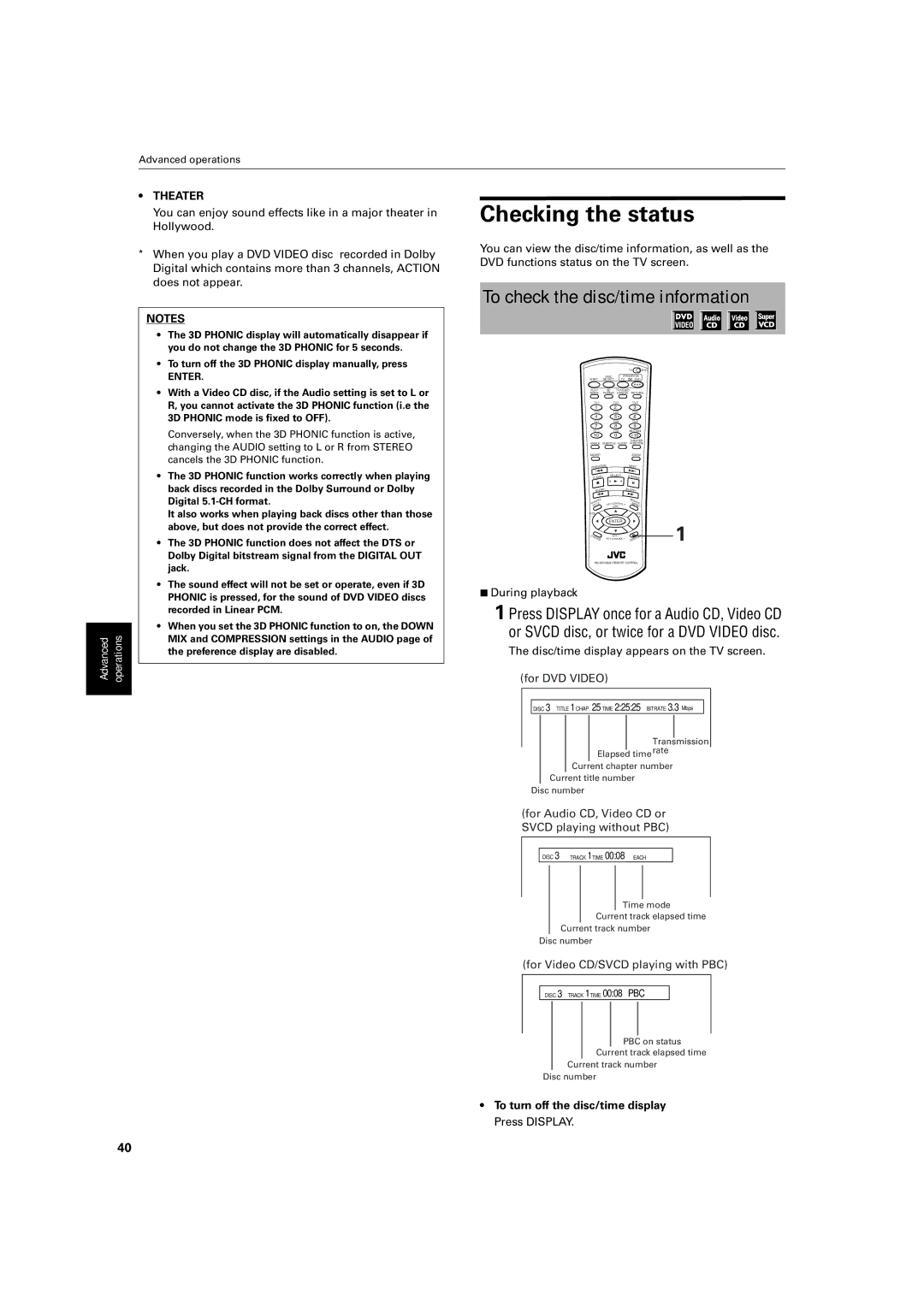 JVC XV-M512SL manual Checking the status, To check the disc/time information, Theater 