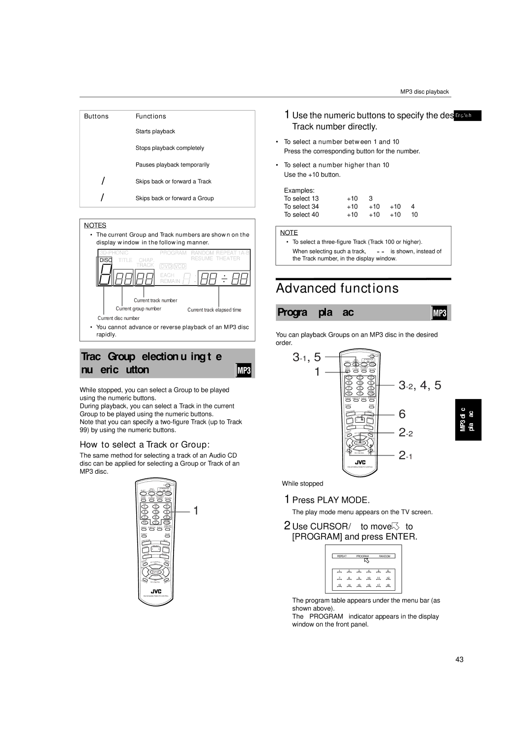 JVC XV-M512SL manual Advanced functions, Track/Group selection using the numeric buttons, Program playback 