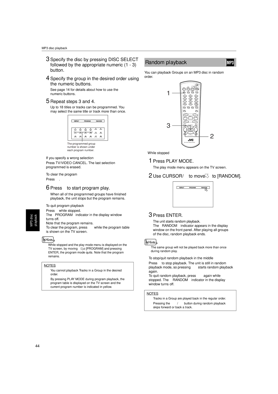 JVC XV-M512SL manual Random playback, Repeat steps 3, You can playback Groups on an MP3 disc in random order 