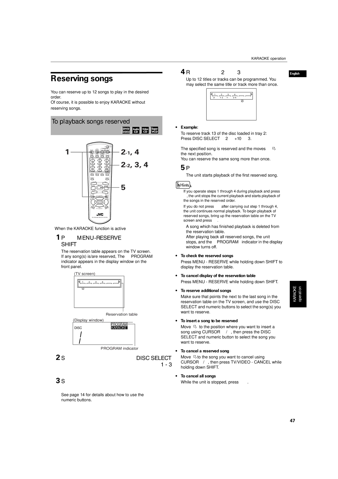 JVC XV-M512SL manual Reserving songs, To playback songs reserved, Press MENU-RESERVE while holding down 