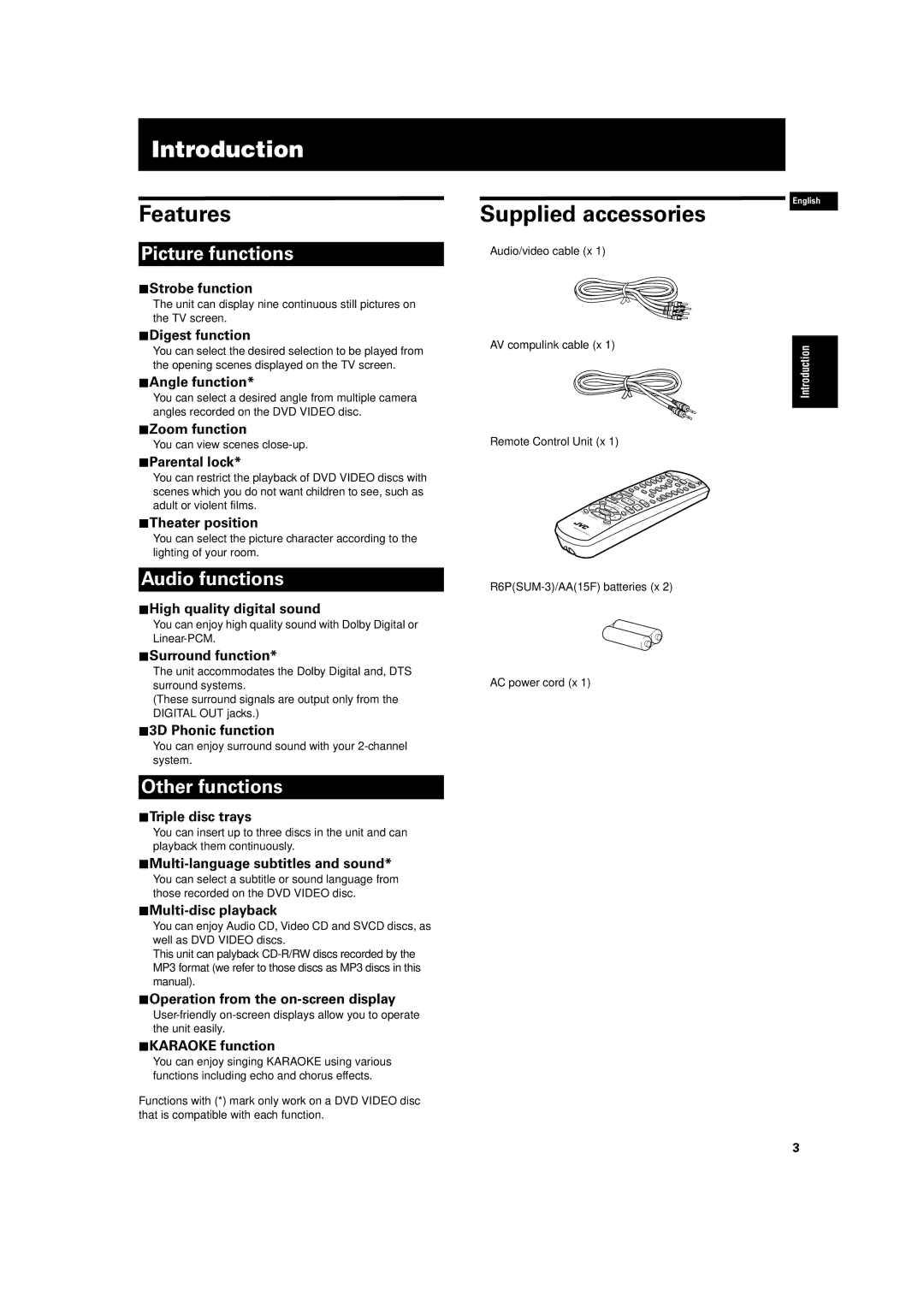 JVC XV-M512SL manual Introduction, Features, Supplied accessories 