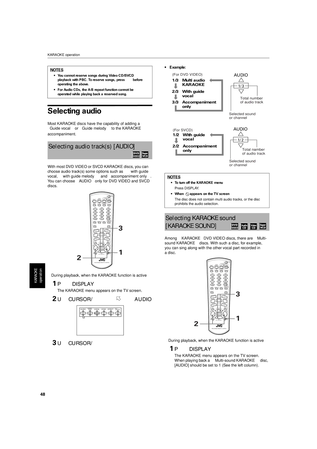 JVC XV-M512SL manual Selecting audio tracks Audio, Selecting Karaoke sound, Use Cursor 2/3 to move to Audio 