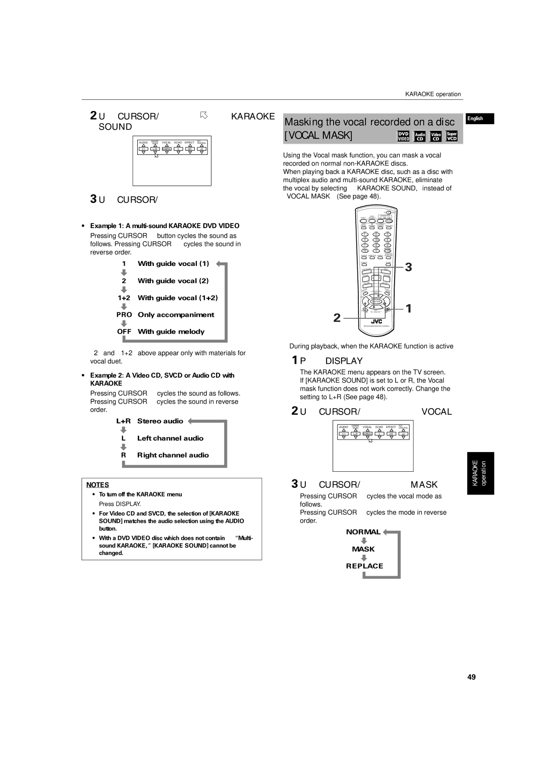 JVC XV-M512SL manual Use Cursor 2/3 to move to Karaoke Sound, Use Cursor 5/∞to select the desired sound to be played back 