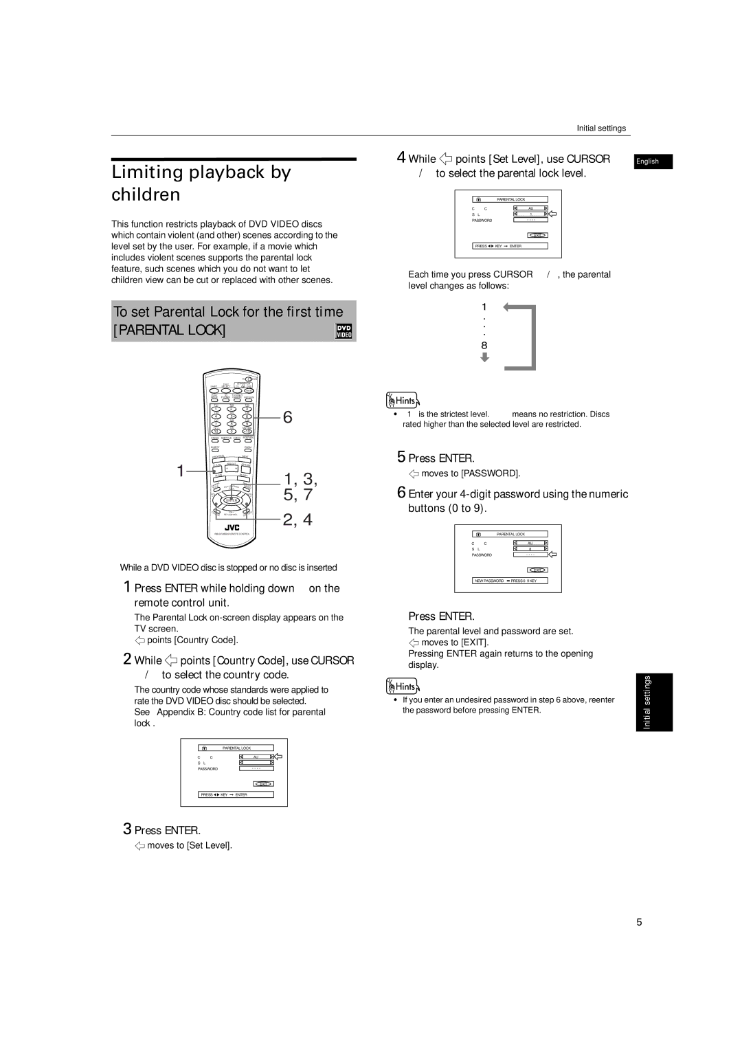 JVC XV-M512SL manual Limiting playback by children, To set Parental Lock for the first time 