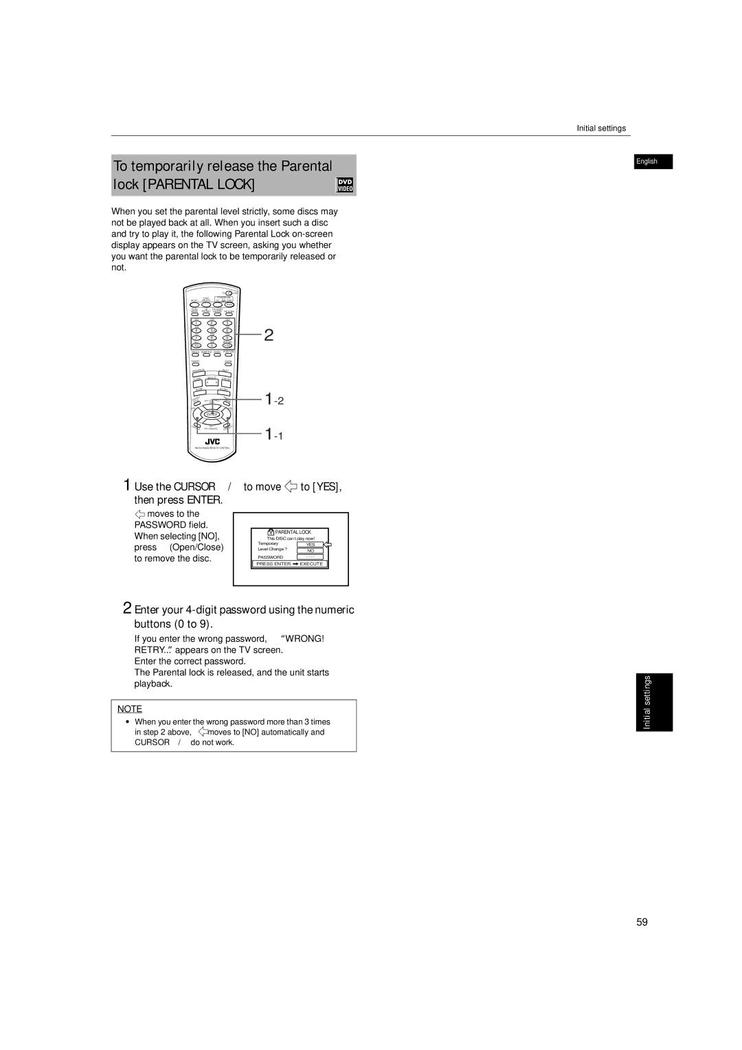 JVC XV-M512SL manual Use the Cursor 5/∞ to move to YES, then press Enter, Moves to Password field When selecting no 