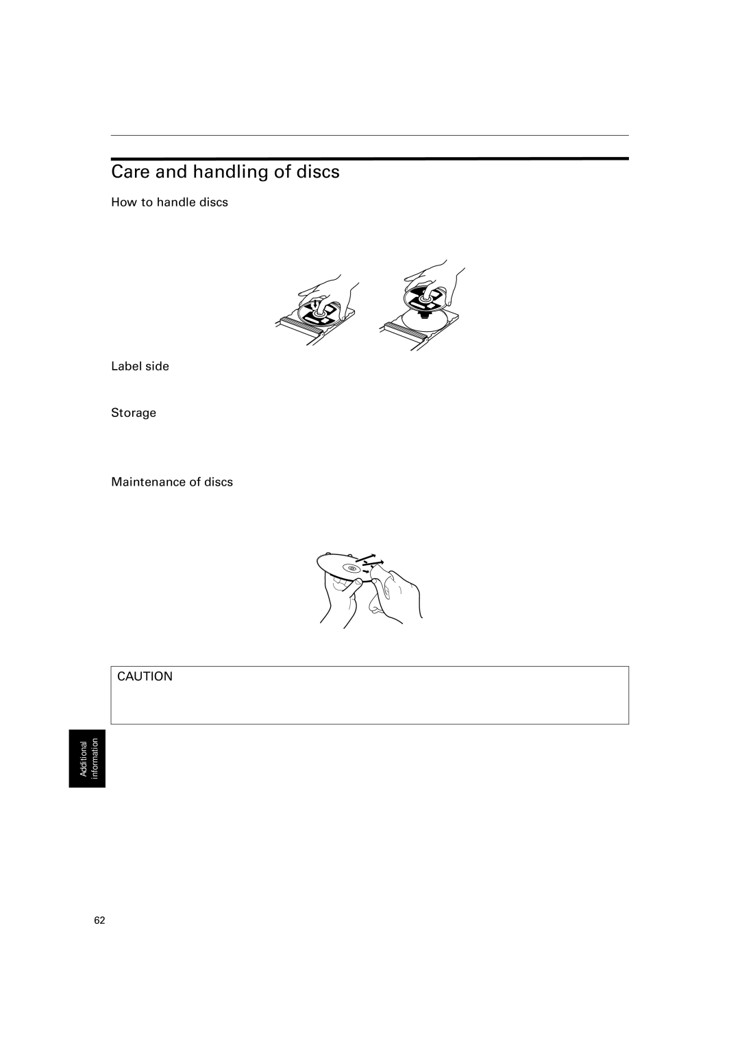 JVC XV-M512SL manual Care and handling of discs, How to handle discs, Label side, Storage, Maintenance of discs 