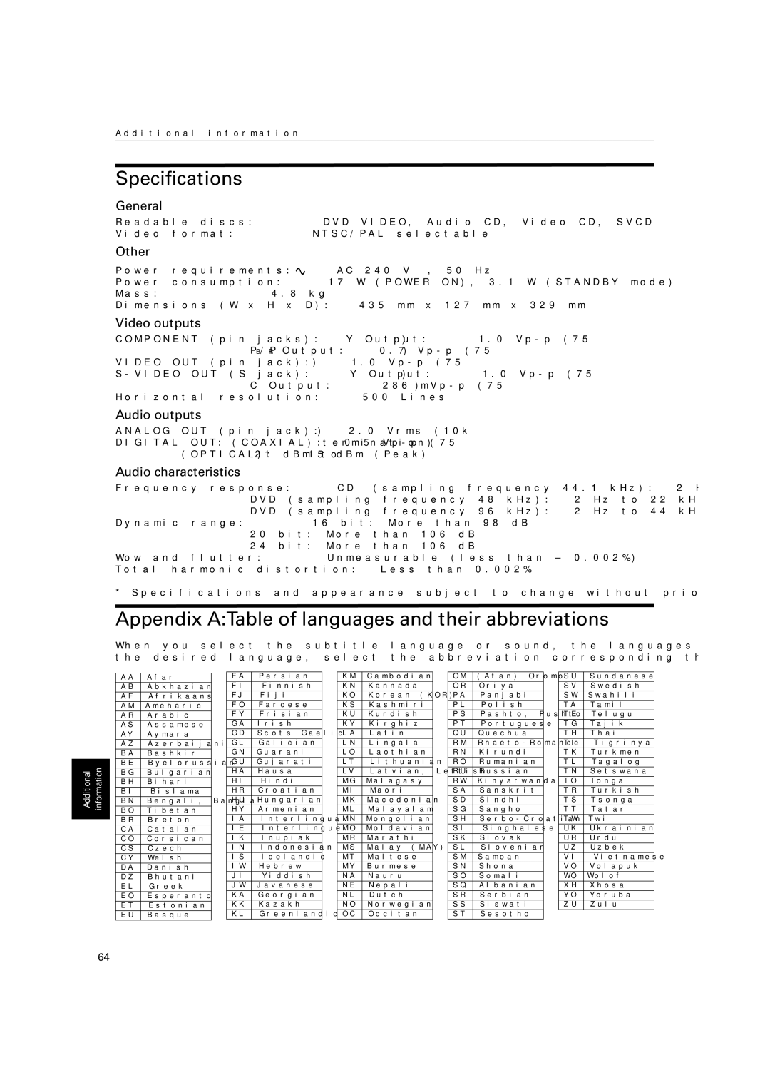 JVC XV-M512SL manual Specifications, Appendix ATable of languages and their abbreviations 