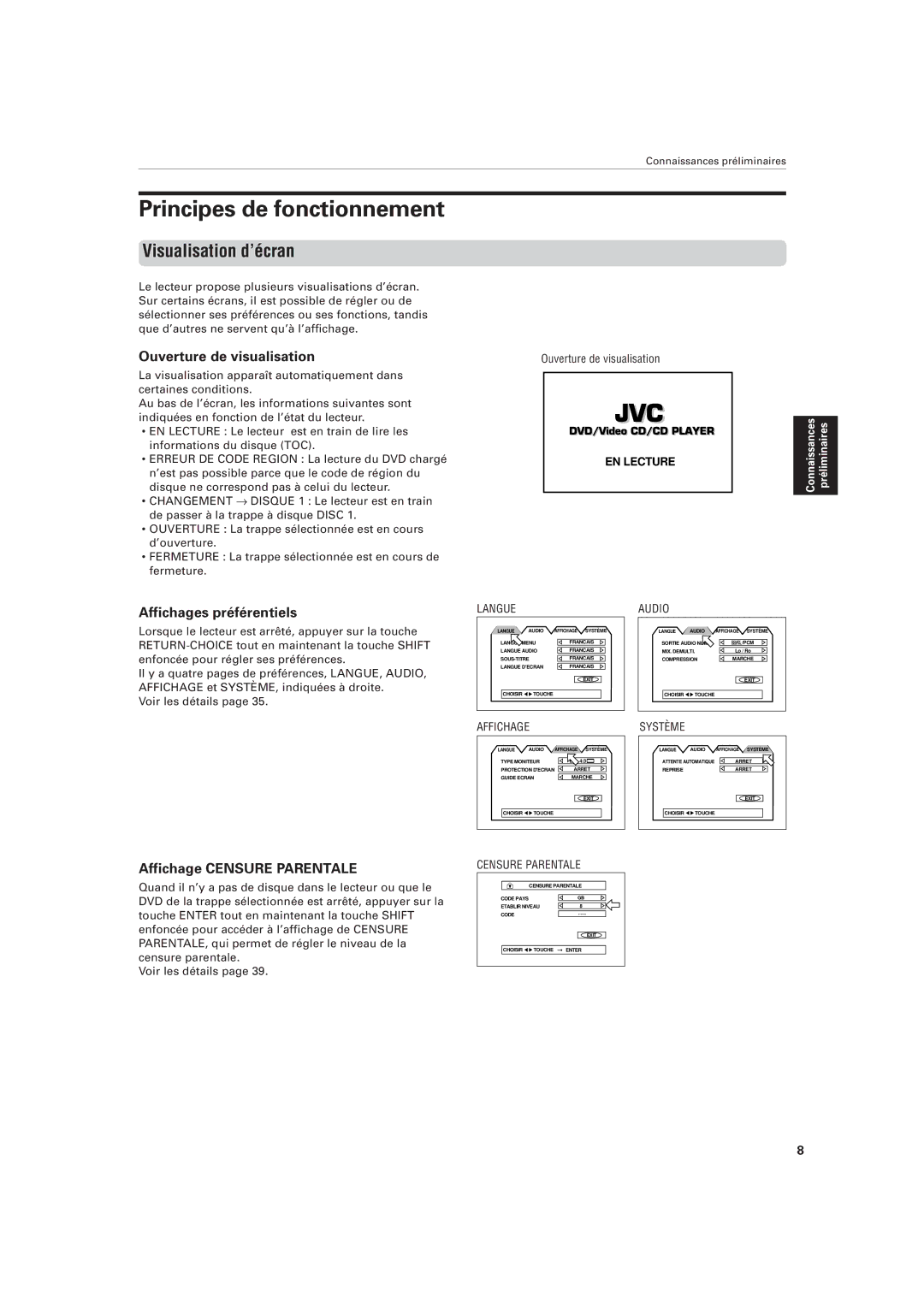 JVC XV-M555BK Principes de fonctionnement, Visualisation d’écran, Ouverture de visualisation, Affichages préférentiels 