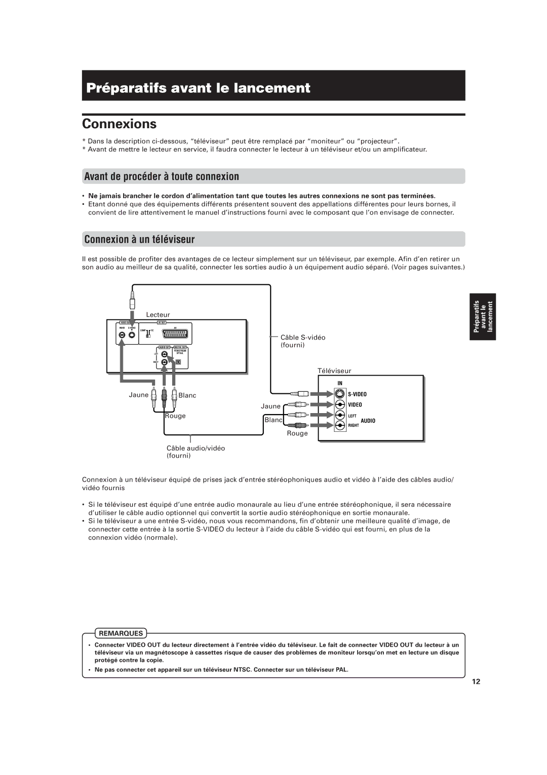 JVC XV-M555BK Préparatifs avant le lancement, Connexions, Avant de procéder à toute connexion, Connexion à un téléviseur 