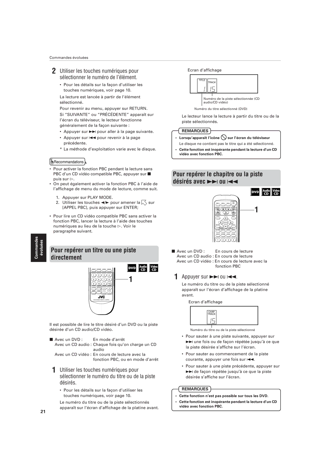 JVC XV-M555BK manual Pour repérer le chapitre ou la piste désirés avec ¢ou, Pour repérer un titre ou une piste directement 