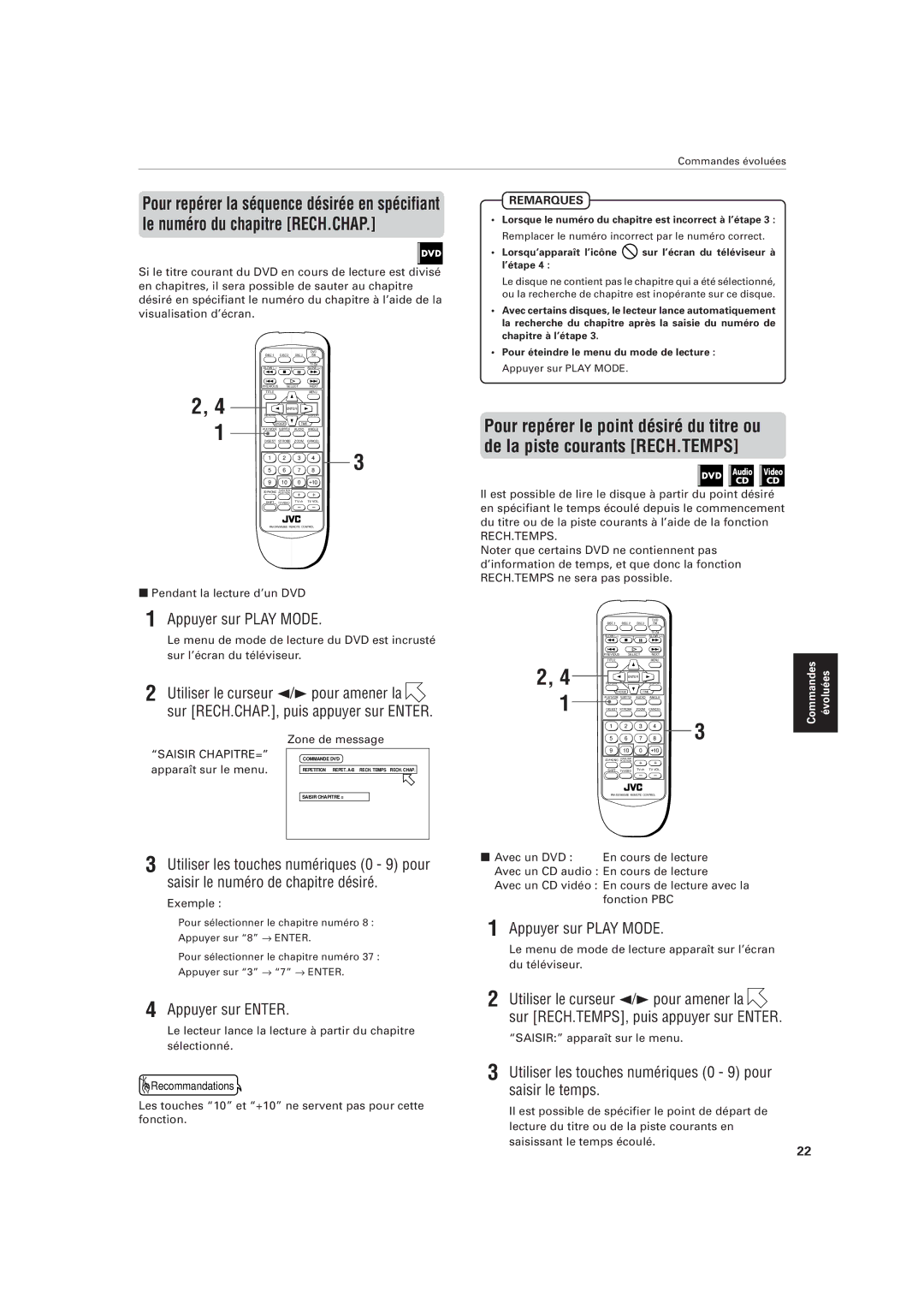 JVC XV-M555BK manual Appuyer sur Play Mode, Appuyer sur Enter, Utiliser les touches numériques 0 9 pour saisir le temps 