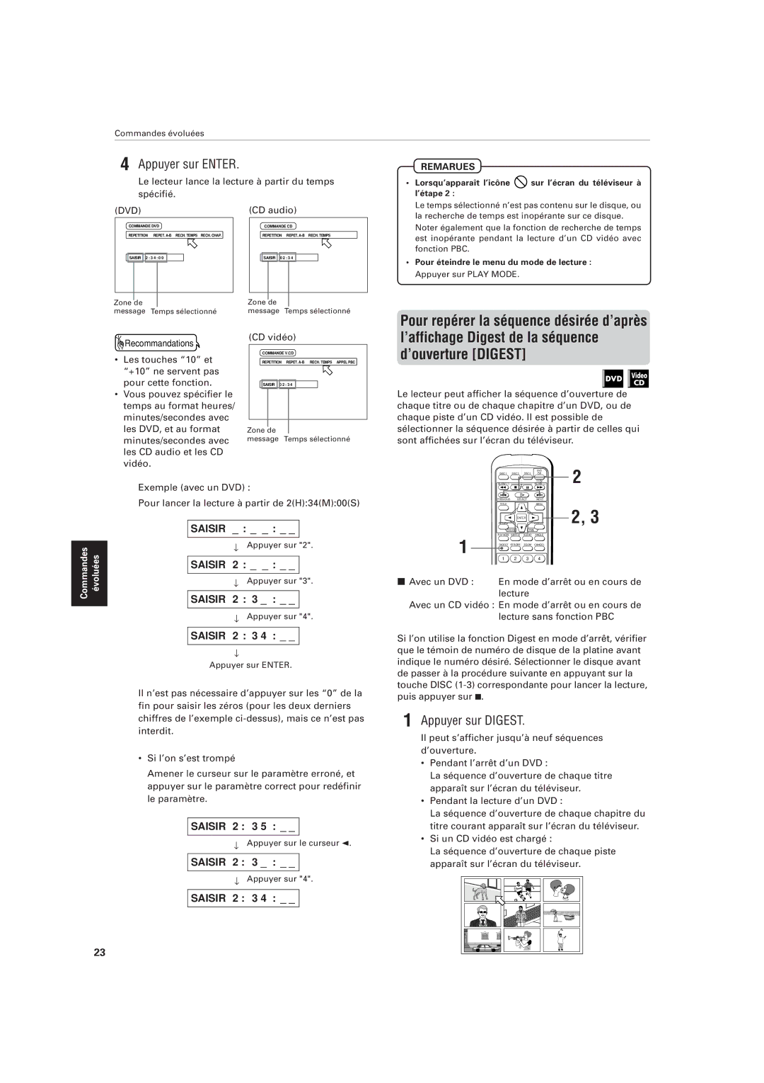 JVC XV-M555BK manual Appuyer sur Digest, CD audio, Remarues 