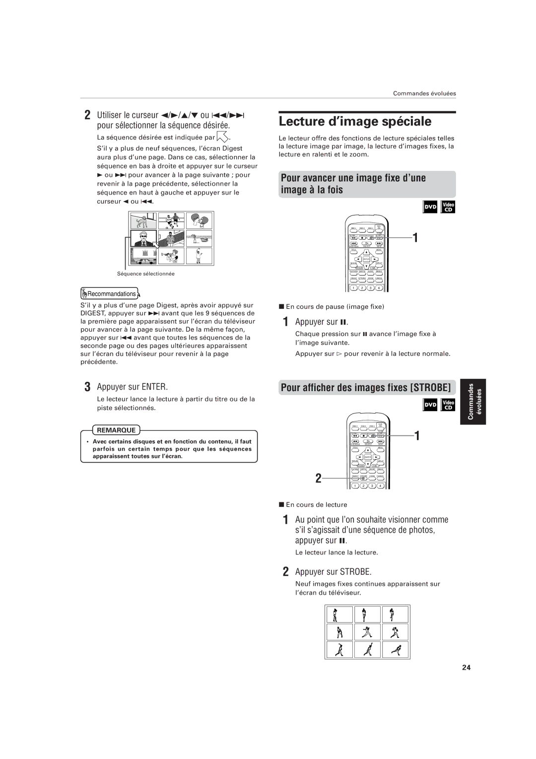 JVC XV-M555BK manual Lecture d’image spéciale, Pour avancer une image fixe d’une image à la fois, Appuyer sur Strobe 