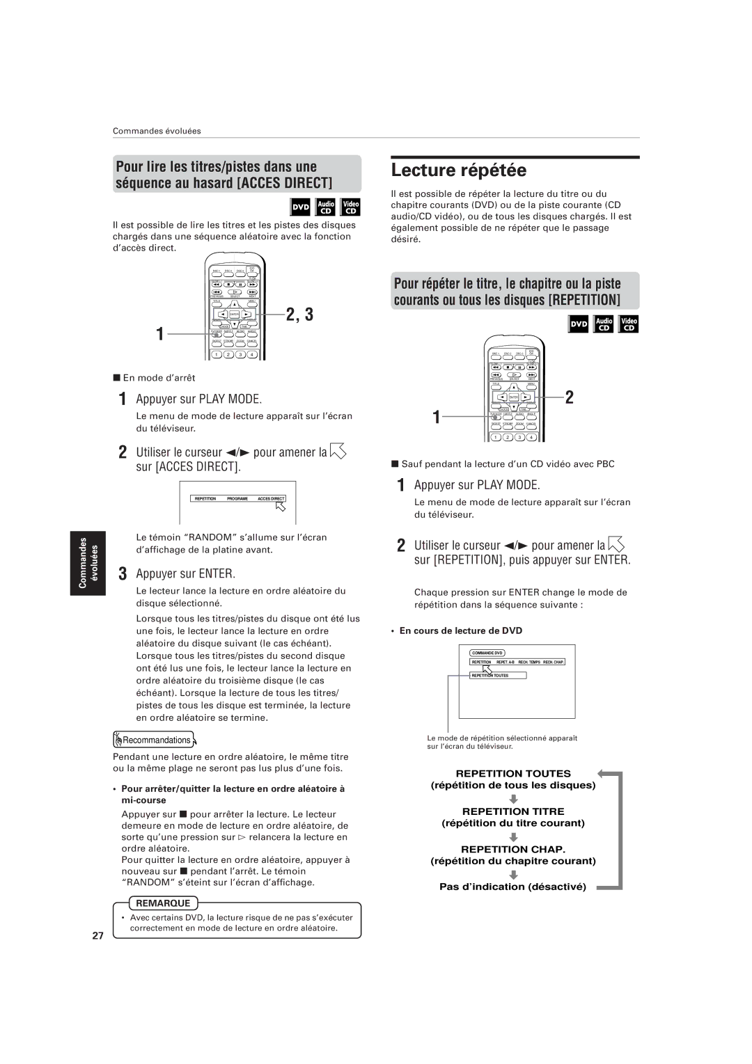 JVC XV-M555BK manual Lecture répétée, Utiliser le curseur 2/3pour amener la Sur Acces Direct, En cours de lecture de DVD 