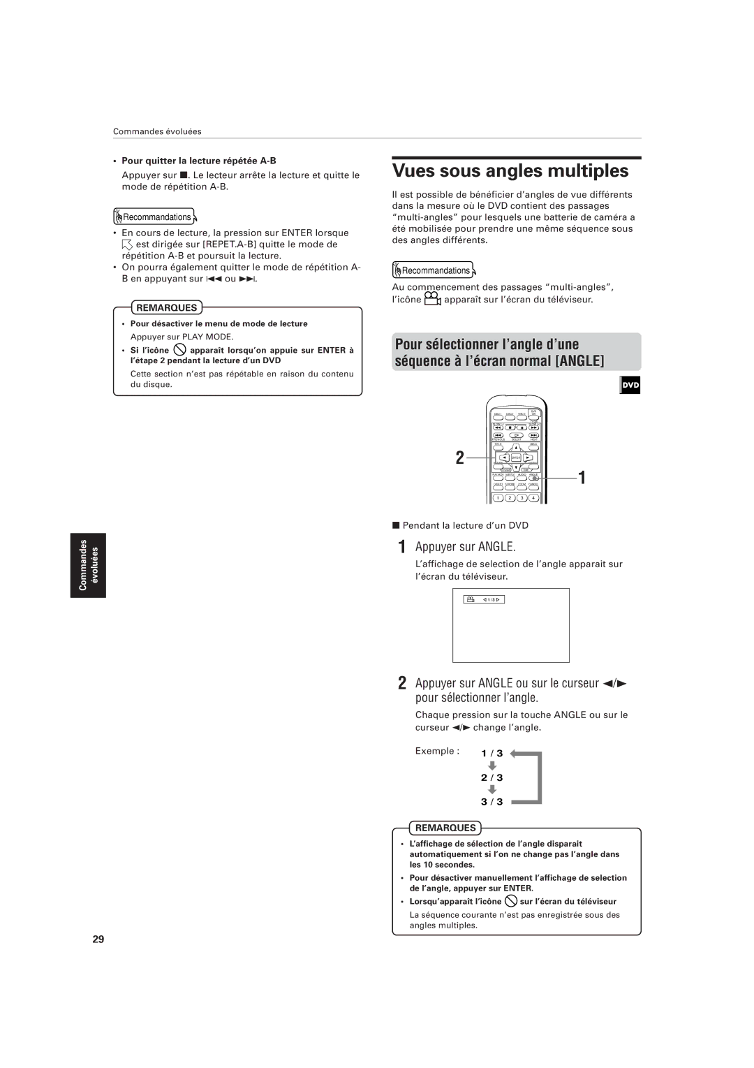 JVC XV-M555BK manual Vues sous angles multiples, Appuyer sur Angle, Pour quitter la lecture répétée A-B 