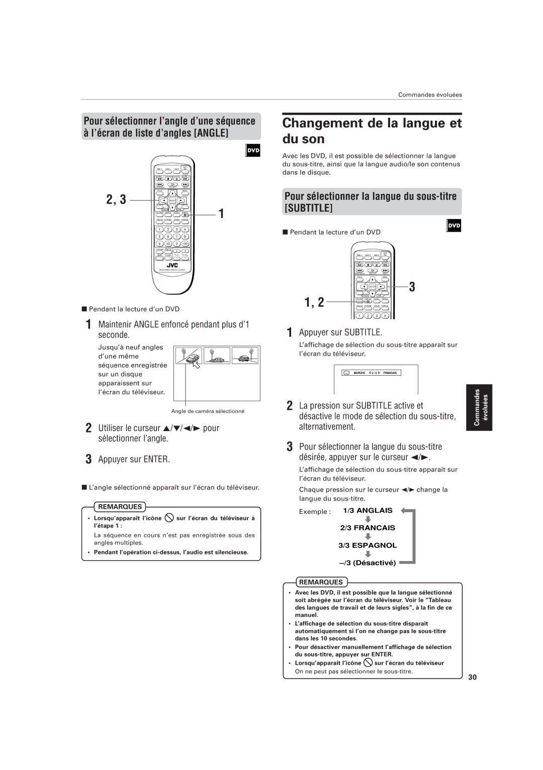 JVC XV-M555BK Changement de la langue et du son, Pour sélectionner la langue du sous-titre Subtitle, Appuyer sur Subtitle 