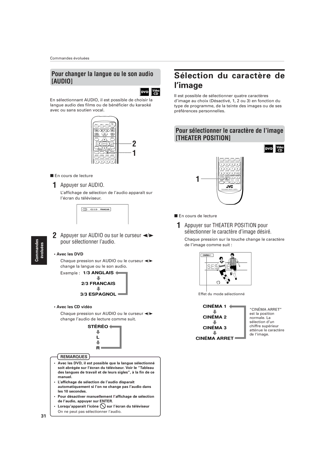 JVC XV-M555BK manual Sélection du caractère de l’image, Pour changer la langue ou le son audio Audio, Appuyer sur Audio 