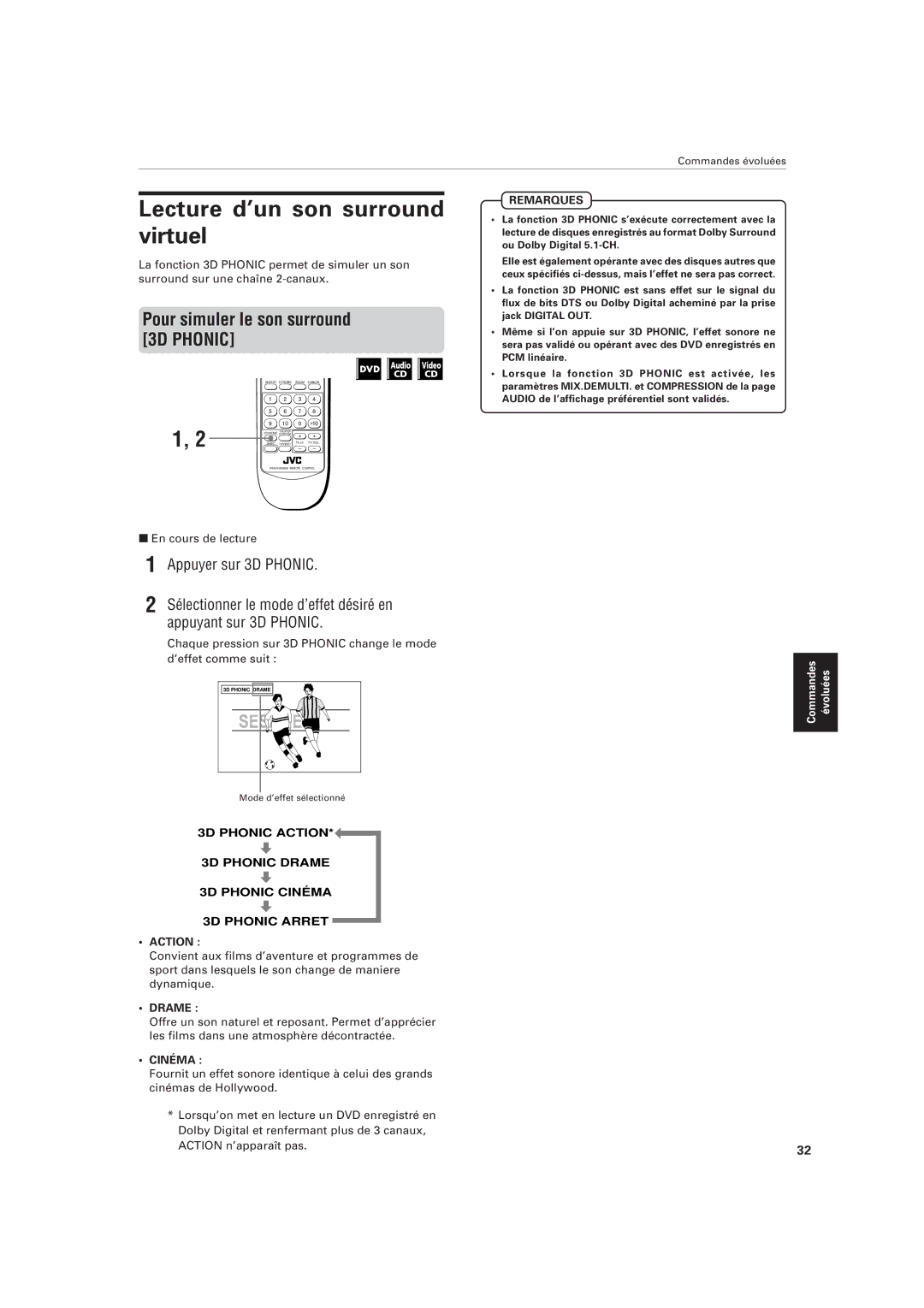 JVC XV-M555BK Lecture d’un son surround virtuel, Pour simuler le son surround 3D Phonic, Appuyer sur 3D Phonic, Drame 