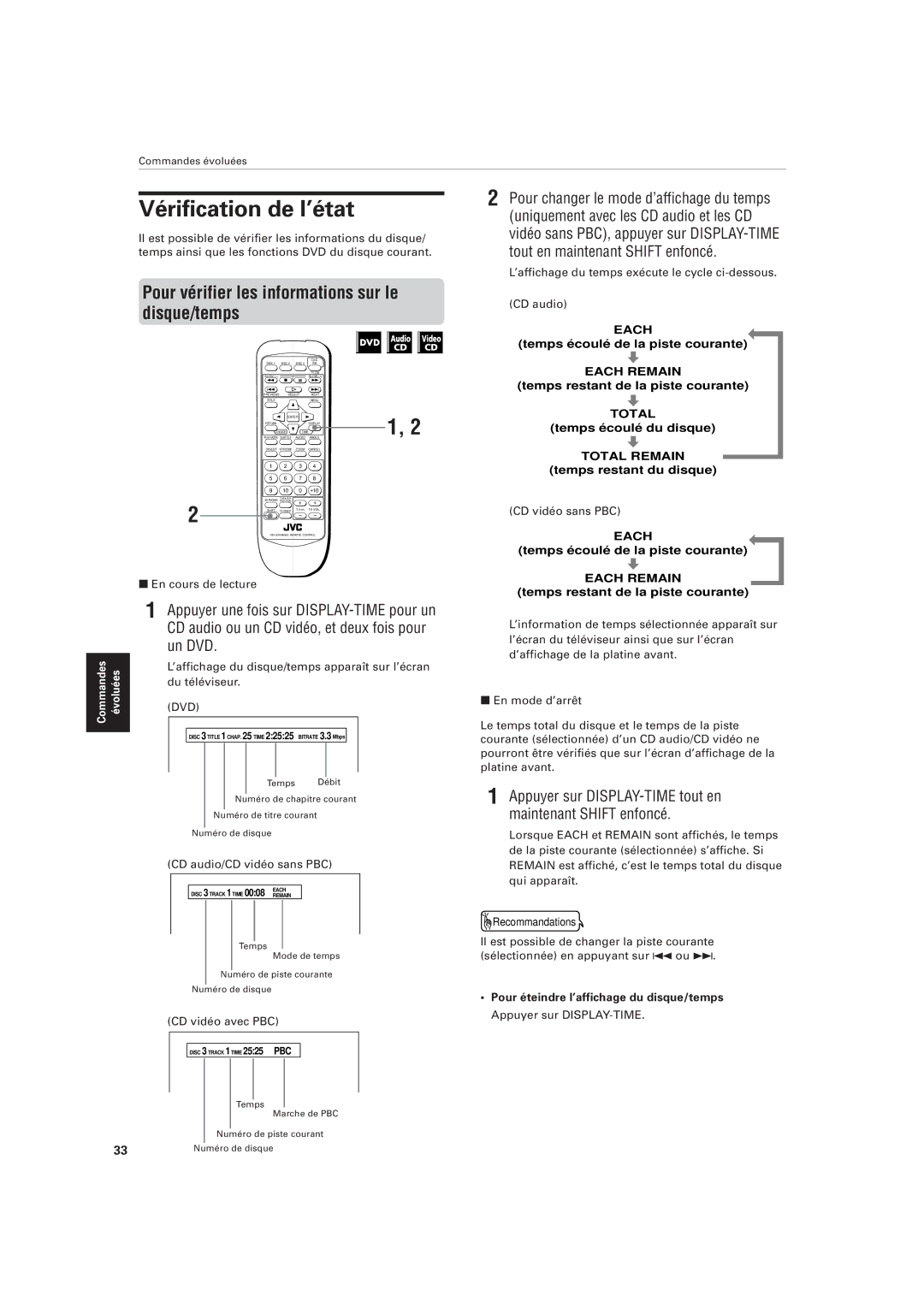 JVC XV-M555BK manual Vérification de l’état, Pour vérifier les informations sur le disque/temps 