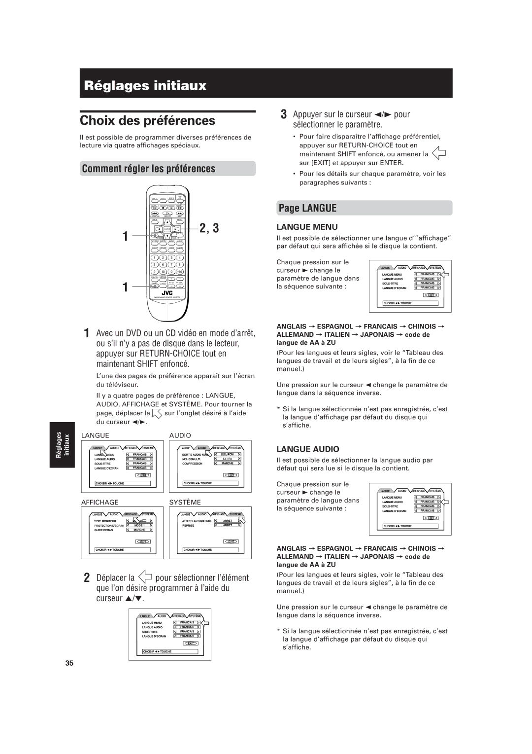 JVC XV-M555BK manual Réglages initiaux, Choix des préférences, Comment régler les préférences, Langue 