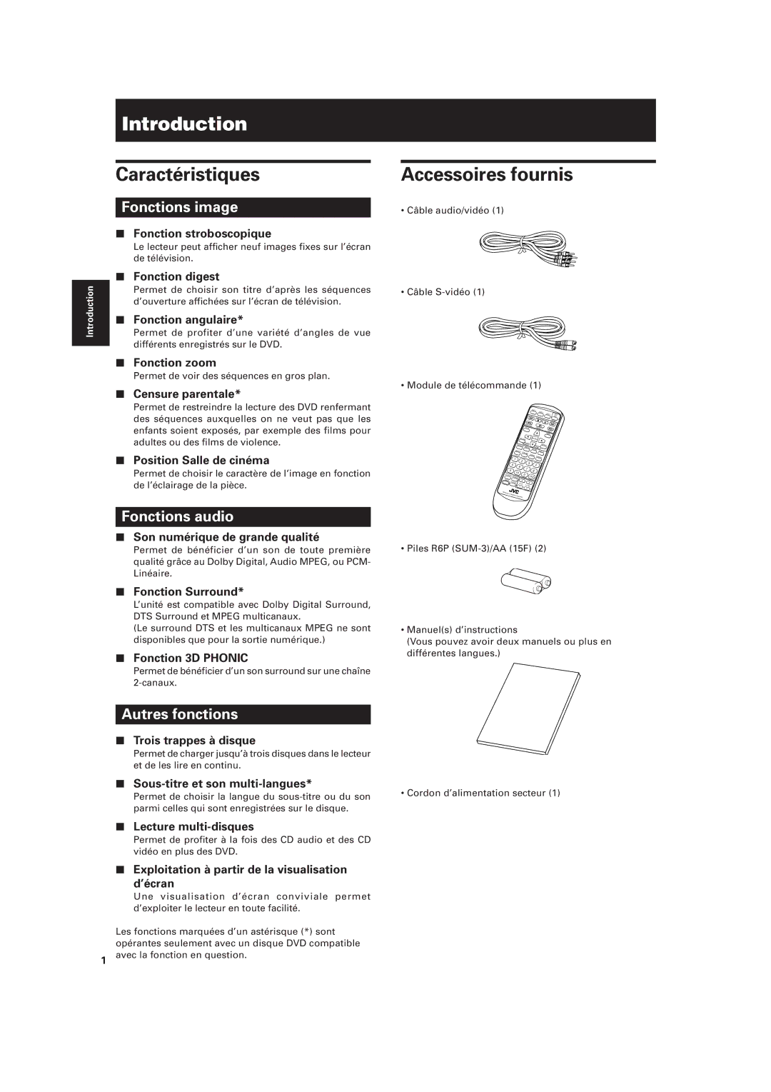 JVC XV-M555BK manual Introduction, Caractéristiques, Accessoires fournis 