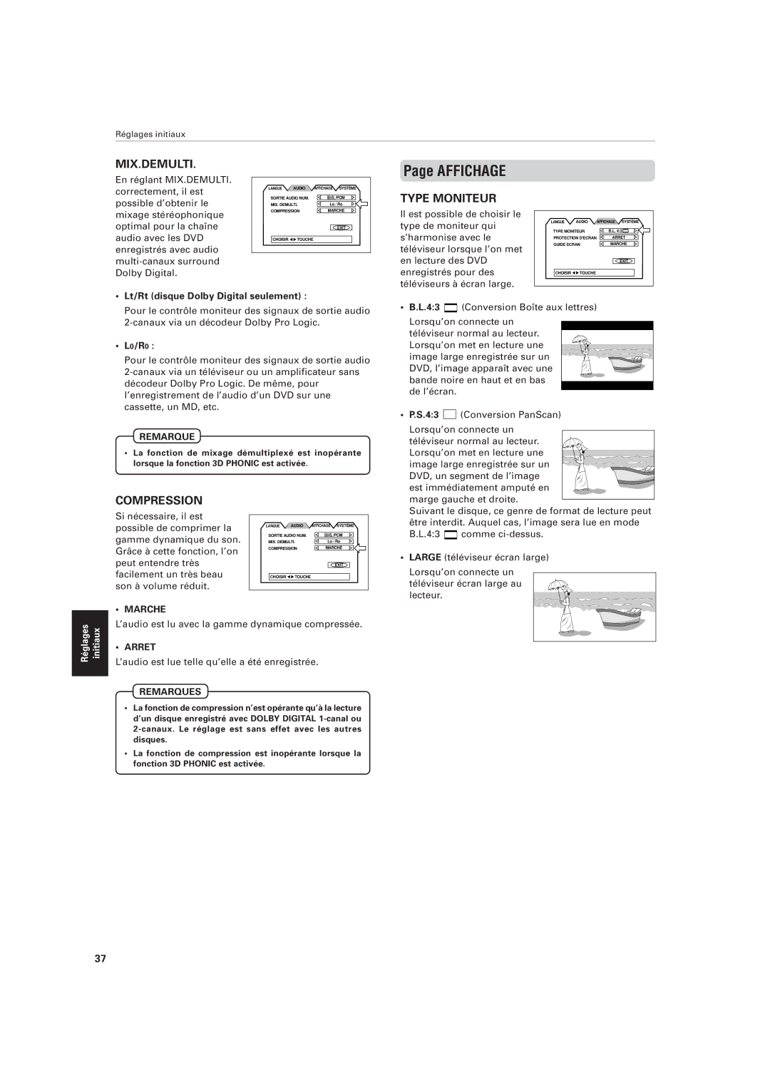 JVC XV-M555BK manual Affichage, Lt/Rt disque Dolby Digital seulement, L0/R0, Marche, Arret 