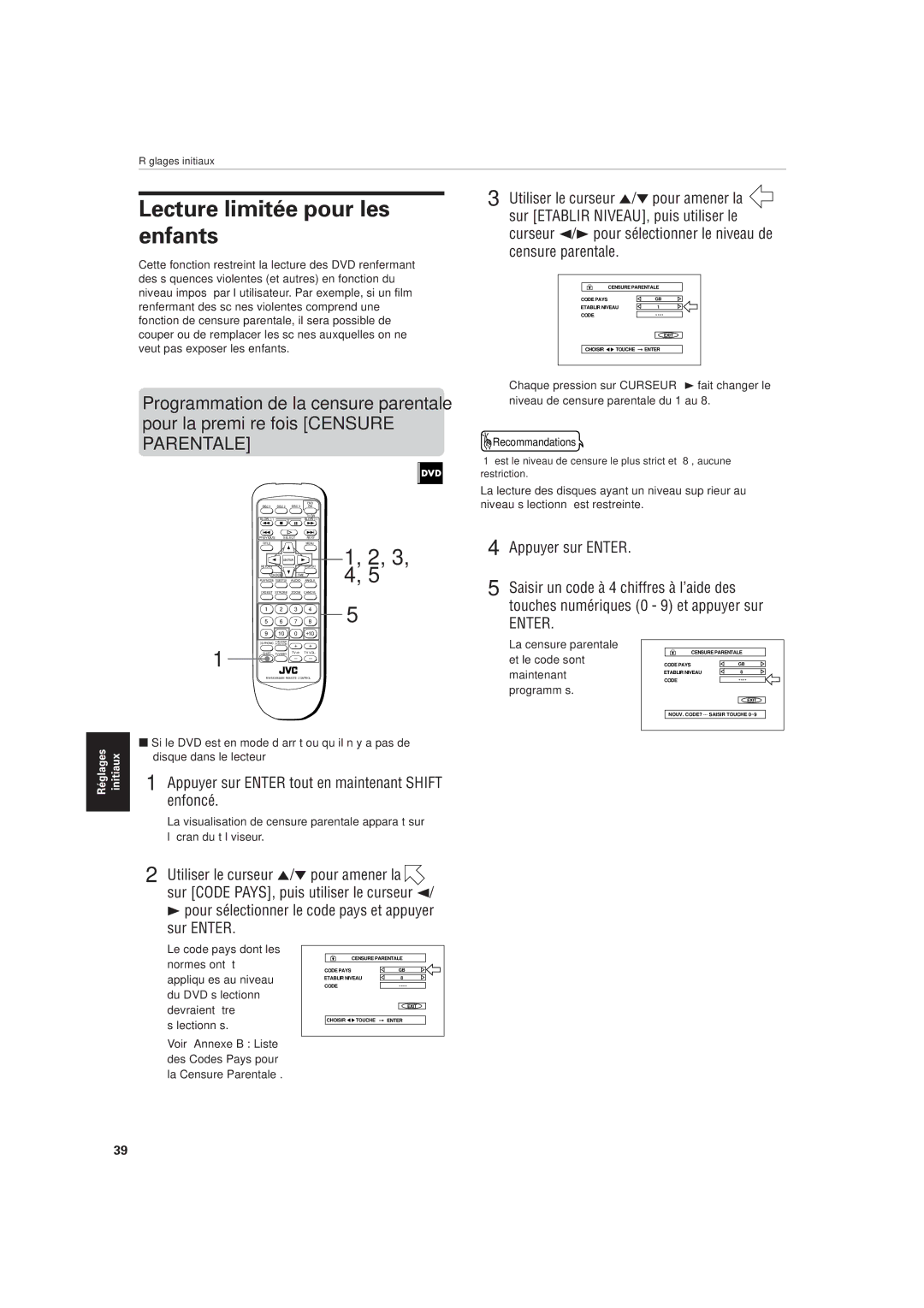 JVC XV-M555BK manual Lecture limitée pour les enfants, Touches numériques 0 9 et appuyer sur 